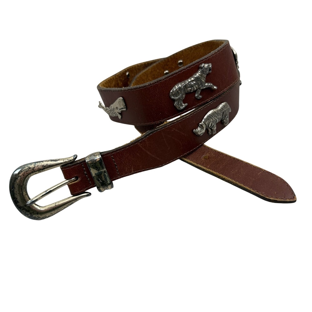 Honest Belt Mens 32 Brown Leather Animal Conchos Rhino Elephant Brass Buckle